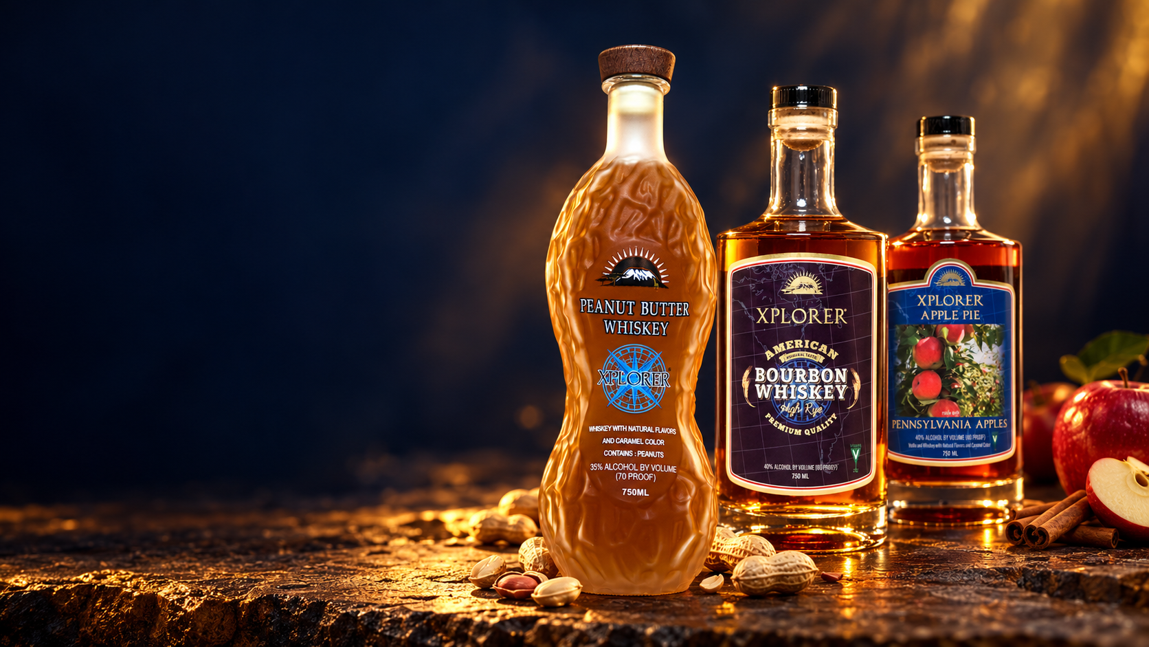 Scene composed from Xplorer's actual Peanut Butter Whiskey, Bourbon Whiskey, and Apple Pie product photographs, with peanut butter whiskey in the foreground