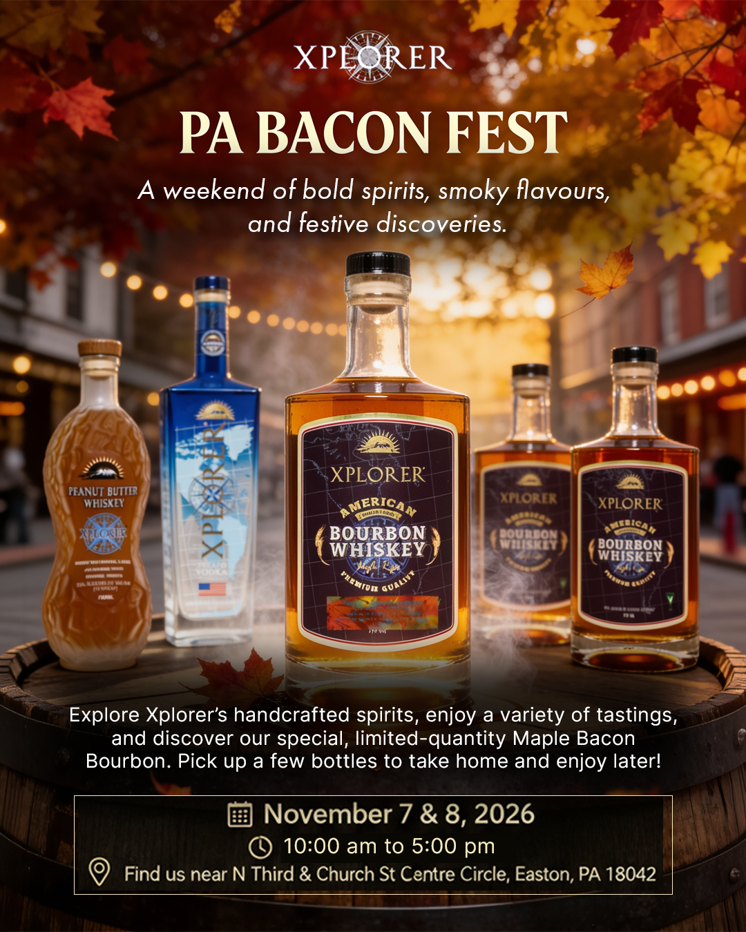 Bold flavours are on the menu. 🥓🥃

Join Xplorer at PA Bacon Fest for handcrafted spirits, exciting tastings, and a special treat you won’t want to miss: our limited-quantity Maple Bacon Bourbon.

Come explore new flavours, raise a glass, and take home a bottle to enjoy later.
