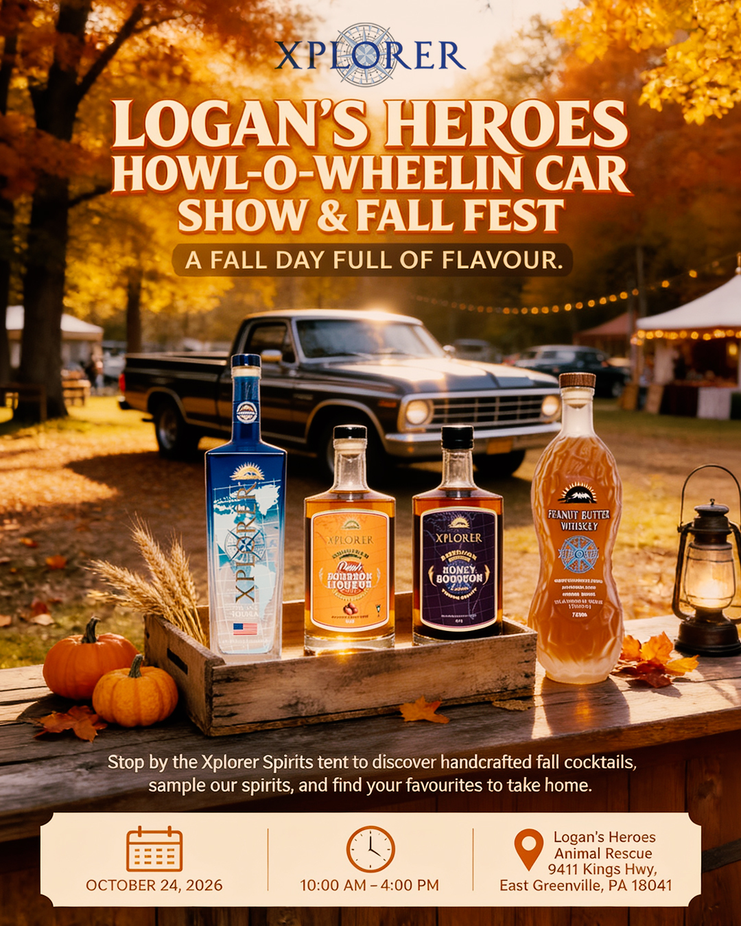 Fall cocktails, handcrafted spirits, and a little something to make your day more flavourful. 🍂

Join Xplorer Spirits at Logan’s Heroes Howl-O-Wheelin Car Show & Fall Fest. Stop by our tent to sample our handcrafted spirits, explore our fall cocktails, and take home a bottle of your favourite.